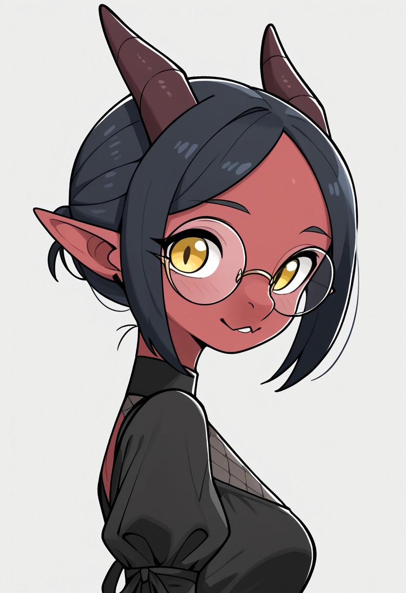 score_9, score_8_up, score_7_up, score_6_up, score_5_up, NKM Style, 1girl, portrait, Anthropomorphic, dragon, round glasses, yellow eyes, black hair, sidelocks, black dress, cel shaded, solo