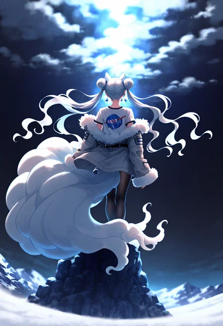 masterpiece, best quality, zzNinetalesA, 1girl, solo, twin buns, falling strands, white t-shirt, layered fur-trimmed coat, glittering snowflake earrings, leather belt with pouches, wool tights, cliffside overlook, back turned. With her back to the viewer, she stands on the edge of a snow-covered cliff, the world below lost in a sea of drifting clouds. Her coat billows open, revealing the simplicity of her white t-shirt beneath, a stark contrast to the elegance of her fur-lined gear and sparkling accessories that shimmer in the pale morning light. N4S4, ,<lora:NASAShirtAnime_IXL_v1:1.0>, <lora:NinetalesAlolanPokedex_IXL_v1:0.8>,