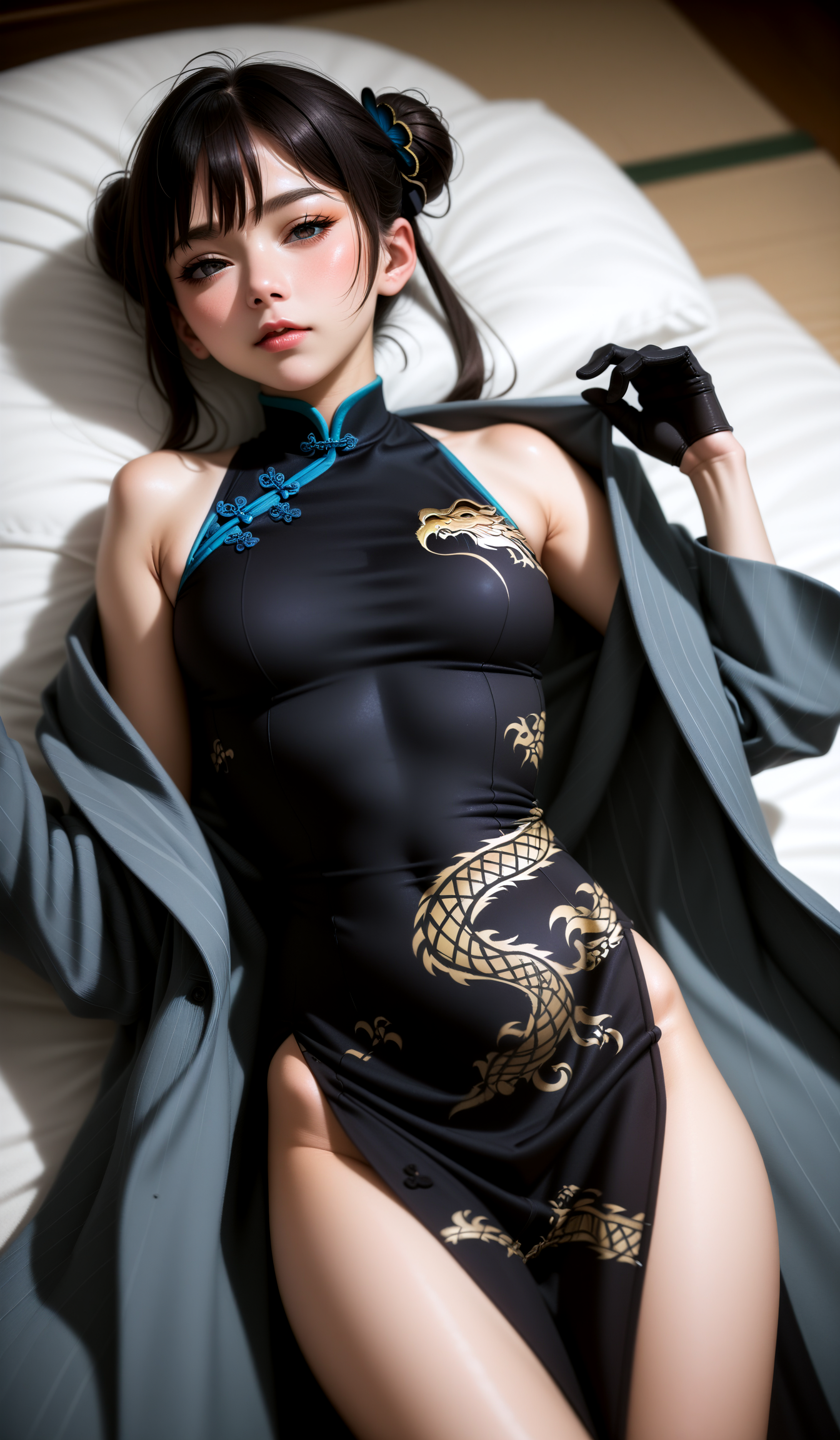 score_9,score_8_up,score_7_up,rating_explicit,underwear ,panty ,presenting, white skin, delicate and whimsical ambiance,Indoor ,chinese_girl,
(kisaki_\(blue_archive\), black_dress, china_dress, small_breasts, dragon_print, sleeveless_dress, black_gloves, long_sleeves, vertical-striped_coat, bare_shoulders),
peerlessly beautiful,(dynamic angle,dynamic pose),shine,glowing,energy coalescing and vibrating,Close-up photo,Lying down,Elegant,
wearing kimono,(((miniskirt))),charming,alluring,seductive,erotic,enchanting,cleavage,exposed,
(),(glanceable very, very slightly included (vvs1) emerald, asscher cut, facet pattern, 1.75 carat, iridescent,    brilliant, rhodium-plated, sturdy, impact resistance, diffusion, classic setting, natural, unique, abstract, prehistoric, cultural symbols),