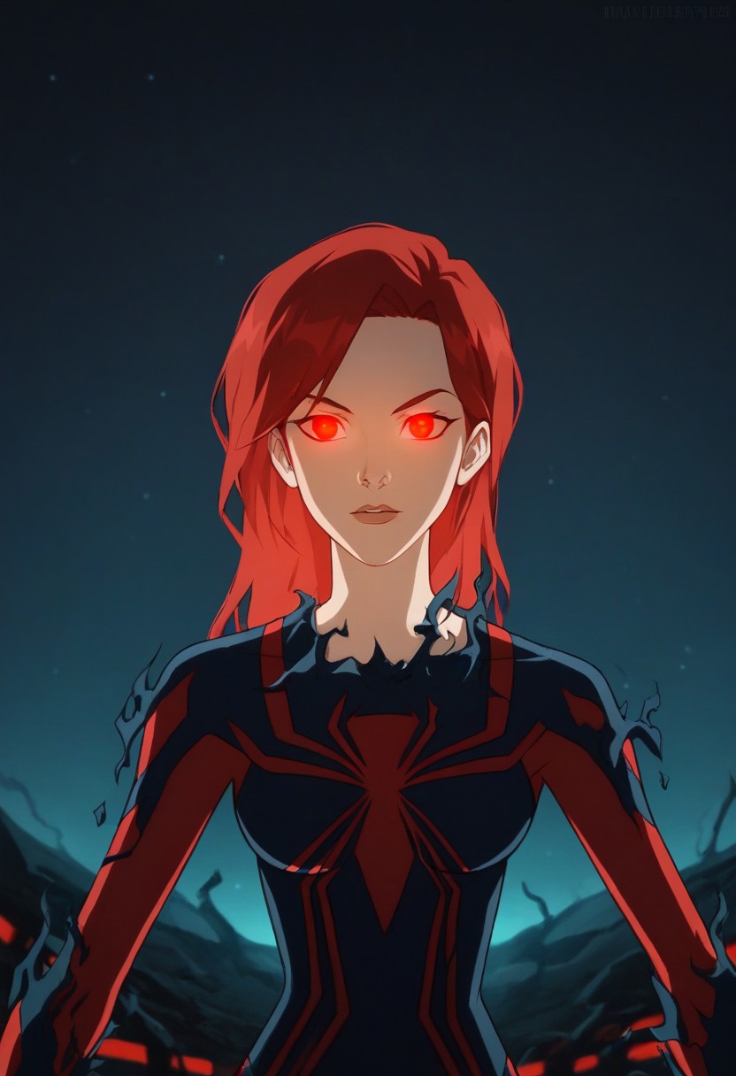 score_9, masterpiece, 2d,mjspiderwoman, bodysuit, red hair, red eyes, glowing eyes, cartoon, night sky