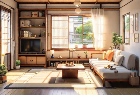 ((front view)), ((Japanese animation style)), modern-style interior, with white walls, (large windows), Nordic-style furniture, a  study, Sofa, coffee table, bookcase, single wall, 
warm light morning sun, (the view of the city)