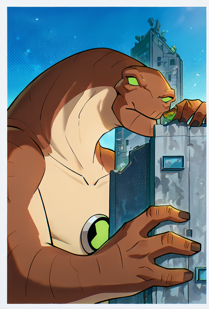 <lora:humungousaur-08:1> humungousaur, dinosaur, 1boy, male focus, solo, green eyes, no humans, brown skin, , green sclera, tail, no pupils, zoomed out view,   <lora:WSSKX_WAI:1>, behind buildings, hiding behind buildings, giant sky scrapers, pushing buildings aside, giant,, masterpiece, best quality, amazing quality, very aesthetic, absurdres, newest,, upper body, halftone effect, white borders, abstract background:1.2,
