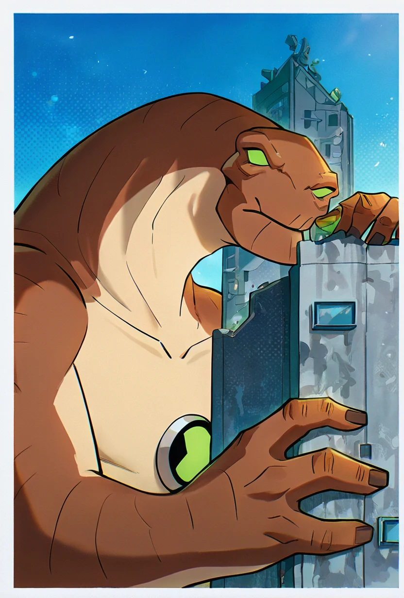<lora:humungousaur-08:1> humungousaur, dinosaur, 1boy, male focus, solo, green eyes, no humans, brown skin, , green sclera, tail, no pupils, zoomed out view, <lora:WSSKX_WAI:1>, behind buildings, hiding behind buildings, giant sky scrapers, pushing buildings aside, giant,, masterpiece, best quality, amazing quality, very aesthetic, absurdres, newest,, upper body, halftone effect, white borders, abstract background:1.2,