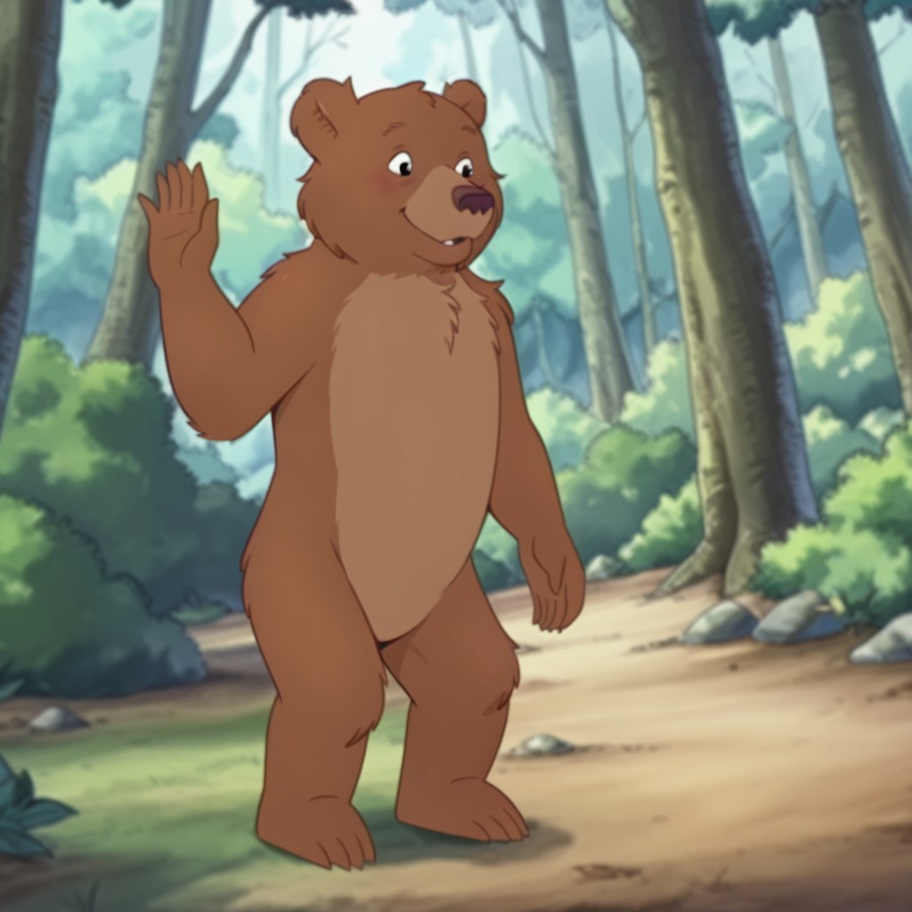 masterpiece, best quality, amazing quality,  lttleBearLBil, semi-anthro, male bear, brown fur, black eyes, standing, in a forest, solo hand up, waving