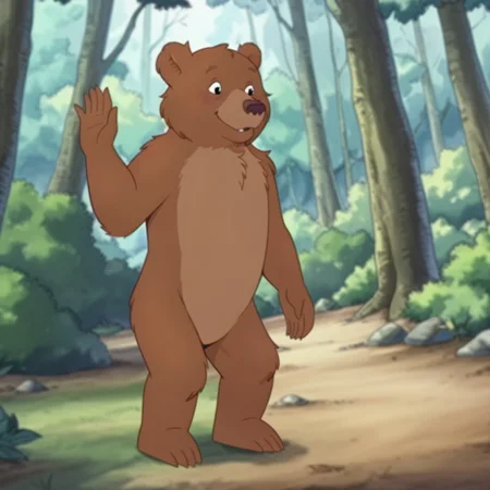 masterpiece, best quality, amazing quality, lttleBearLBil, semi-anthro, male bear, brown fur, black eyes, standing, in a forest, solo hand up, waving