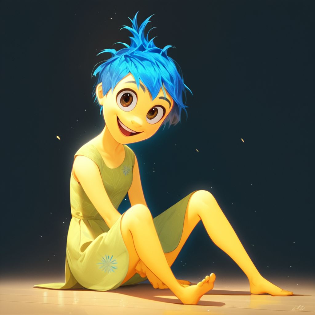 score_9, score_8_up, score_7_up, score_6_up, score_5_up, score_4_up, rating_questionable, JoyEmotion, glowing, 1girl, sitting on the floor, looking at viewer, blue hair, yellow skin, black background, dress, dress top falling down, open mouth smile