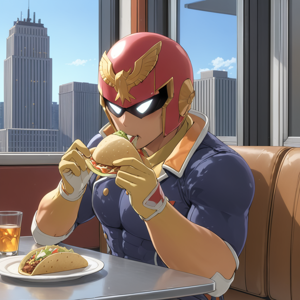 man eating taco, diner, sitting at booth, <lora:CaptainFalconXL:0.7> captainfalconxl, (anime, masterpiece, intricate:1.3), (best quality, hires textures, high detail:1.2), (4k),(incredibly detailed:1.4),UHD, 8K, ultra detailed
