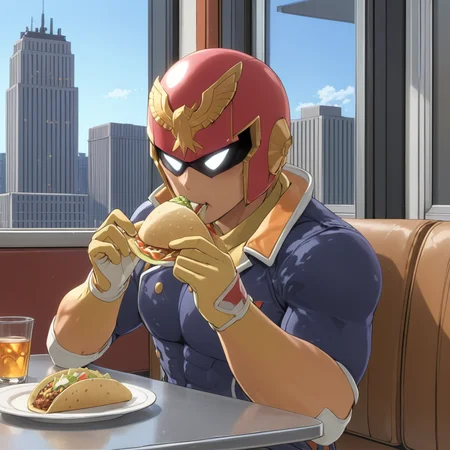 man eating taco, diner, sitting at booth, <lora:CaptainFalconXL:0.7> captainfalconxl, (anime, masterpiece, intricate:1.3), (best quality, hires textures, high detail:1.2), (4k),(incredibly detailed:1.4),UHD, 8K, ultra detailed
