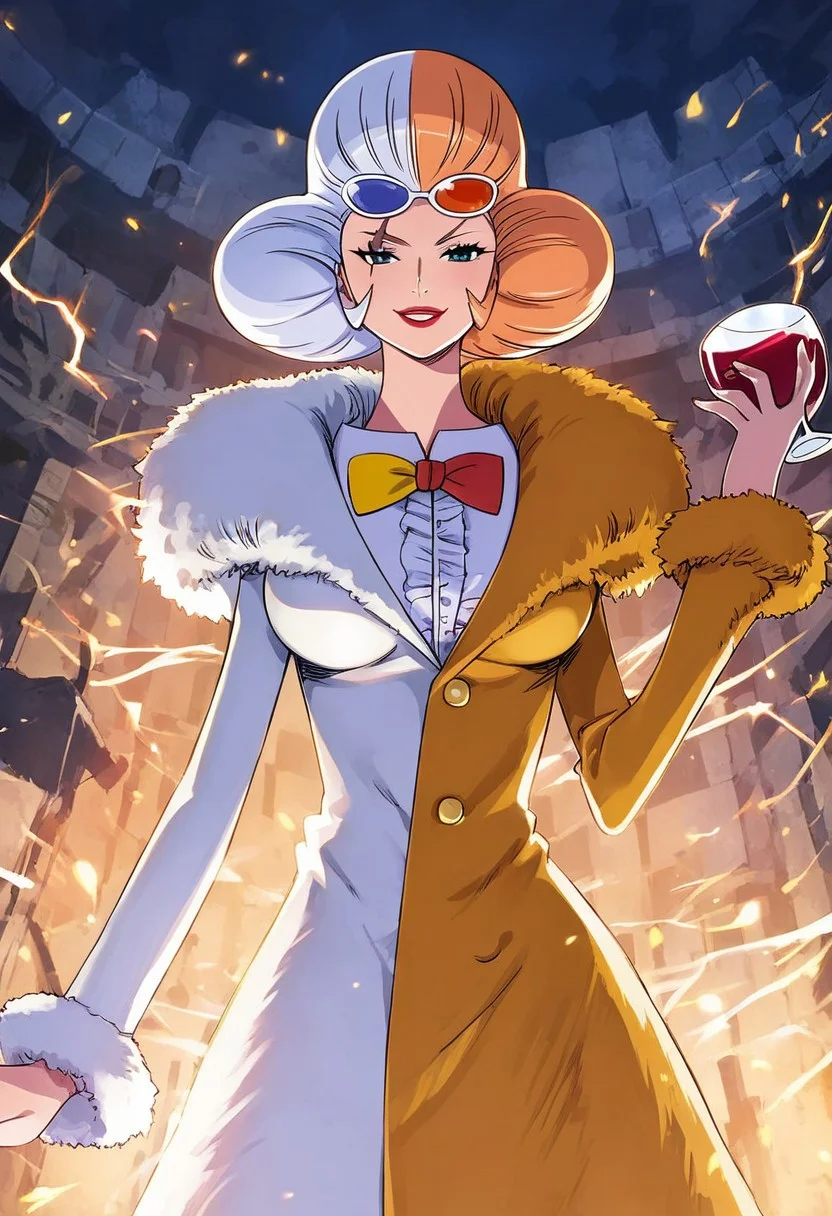 InazumaOP, 1girl, solo, short hair, hair ornament, sunglasses, lips, lipstick, makeup, fur trim, coat, shoes, glass of wine, lightning bolt shaped scar, over right eye scar, clothes and hair that are orange on one side and white on the other, large breast, bow tie, fur cuffs, buttons on coat, fur coat,
seductive pose, sexy pose, tease, in the spotlight, , ruins, detailed hands, smile,
score_9, score_8_up, score_7_up, beautiful aesthetic, very intricate, high quality details,vibrant, highly detailed, award-winning, professional,anime artwork, anime style, studio anime, athletic, curvy body, athletic girl, perky tits,large breast,perfect tits, round breasts, nipple outline,looking at viewer, pinup pose,teasing, dynamic lighting, cinematic, smug, better than you, aura of temptation, highly detailed, high resolution, masterpiece, detailed clother, detailed background, highly detailed, ((sound effects)) comic layout,
