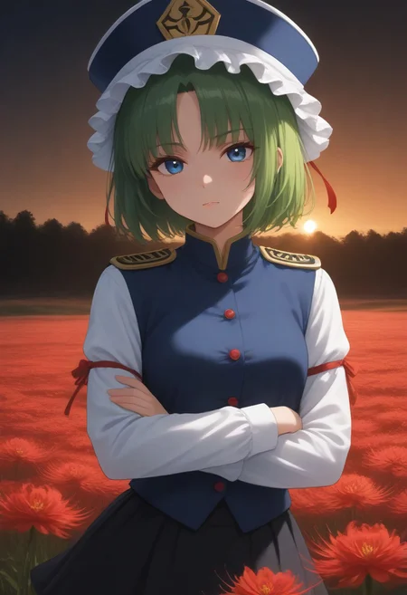 1girl, solo, solo focus, highres, absurdres, shikieiki, green hair, frilled hat, blue eyes, blue headwear, short hair,
long sleeves, black skirt, white shirt, blue vest, red ribbon, epaulettes, small breasts, arm ribbon, buttons,
looking at viewer, crossed arms, head tilt, 
red spider lily, flower field, night, night sky, red sky, backlighting,