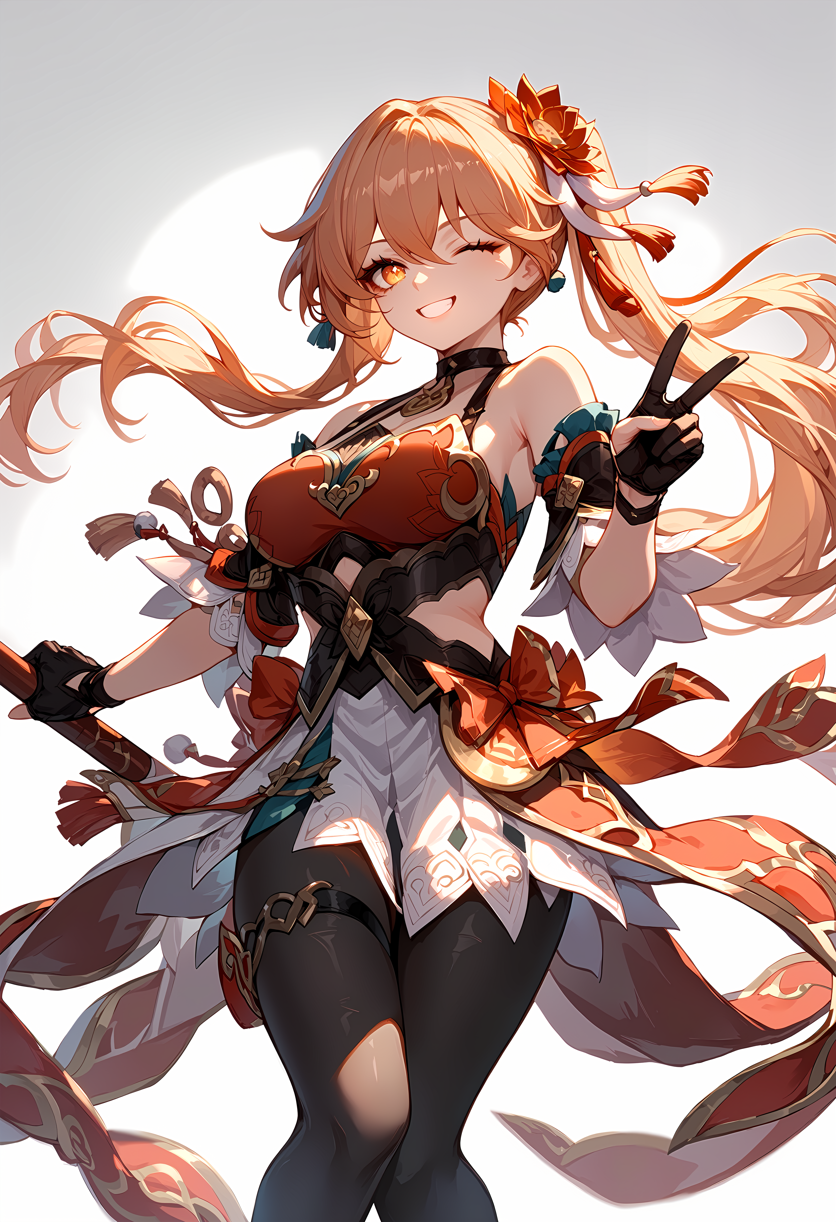 (score_9, score_8_up, score_7_up), 1girl, guinaifen, detached sleeves, black gloves, black pantyhose, thigh strap, gradient background, smile, v, one eye closed, <lora:guinaifen-strPO-v1b:0.9>