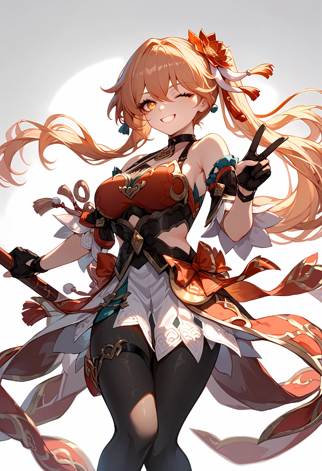 (score_9, score_8_up, score_7_up), 1girl, guinaifen, detached sleeves, black gloves, black pantyhose, thigh strap, gradient background, smile, v, one eye closed, <lora:guinaifen-strPO-v1b:0.9>