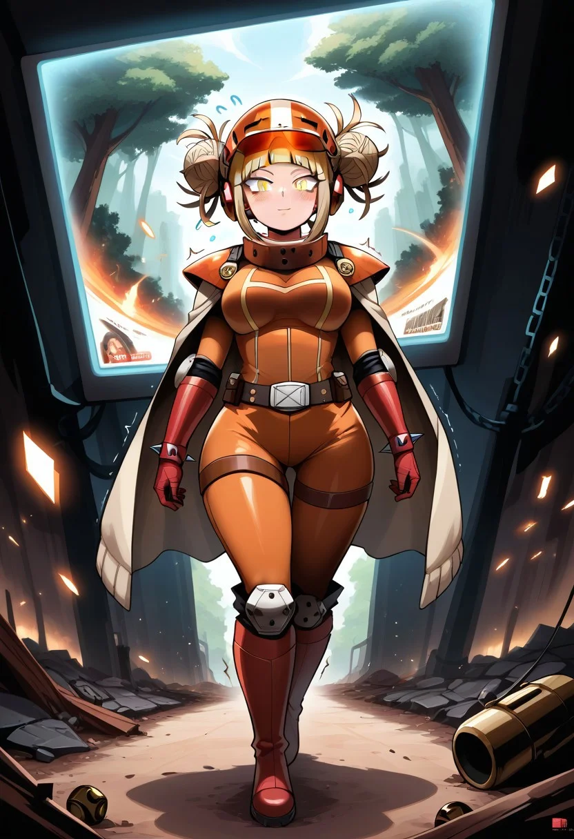 score_9,score_8_up,score_7_up,score_6_up,score_5_up,1girl, front_view,symmetrical,copper bodysuit,red gemstones,ruby, my hero academia,toga_himiko,short hair,source_anime,twin buns,boku_no_hero_academia,blonde_hair,yellow_eyes,curvy, (symbol-shaped_pupils),(heart shaped pupils),swords,(copper bracalets),(spiked bracalets),long nails,copper gloves,fur-trim cape,copper boots,(copper bodysuit),spade_\(symbol\),sci-fi, death forest,moss,(armory),elecricity,stage lights,death trees, (abandon factory in background),(floating orbs),(debris),(dust clouds),flying soda can,(mossy machines),(television),(missile), (spiked yelm),computer,copper helmet,(glowing visor),spiked lighy copper helmet,thigh strap,traffic lights,traffic signs,red diamonds,copper necklace,(chains),bubbles,copper belt with gun case,(holding copper orbs),weapon,shotgun,(bullet belt),(orbs:1.6),(bullets),gas mask,(jewelry),copper spheres,shoulder pads,(wide hips),(thick thighs),(thick legs),perfect hands,(hand signs),rings with gems,(motion lines:1.4),sweat,(??:1.4),sword, (trembling lines:1.4),(flying sweatdrops:1.4),forest,illustration, (thick outlines),(glowing eyes),(destroyed robots),((posters)), masterpiece,best_quality,newest,absurdres,best shadow,light particles,highly detailed background,amazing quality,detailed face,highly detailed skin,very detailed clothes,emphasis lines, very aesthetic,high quality,detailed eyes,dynamic angle,shiny, <lora:add-detail-xl:2>,<lora:dvr-rst:0.8>,dvr-rst