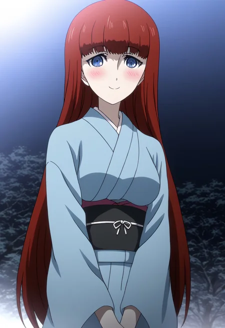 rating_safe, Ultra-high-detailed Anime illustration of Kagari Shiina from Anime Steins;Gate 0. The artwork features Kagari in a solo, standing position with a outdoors, flield and  background. firework exploding in background in the sky. night time. night.
She is depicted with intricate details showcasing her large breasts, natural_breasts. She is a white skinned, 22 years old woman. Kagari is looking_at_viewer with perfect_eyes, Her pupils are highly detailed. The eyes are open. blue eyes. Kagari's eyes are highlighted. Highlighted eyevrows. 
She has long hair, red colored hair, styled in blunt bangs and floating hair.
She is wearing a blue kimono and black shoes. japanese kimono, kimono.
The artistic style is intricate_details_xl with a focus on Anime art. The color palette emphasizes red and black with detailed strokes to bring out the character's features. The lighting creates dramatic shadows and highlights, adding depth to the artwork. The perspective is from a face focus, dutch angle to enhance the impact of the character's expression. This masterpiece is a true portrayal of Kagari's complex personality and will captivate any fan of Kagari. uncensored, upper body, blushing, smile, Kagari Shiina,
perfecteyes,
<lora:Steins_Gate:1>
kimono