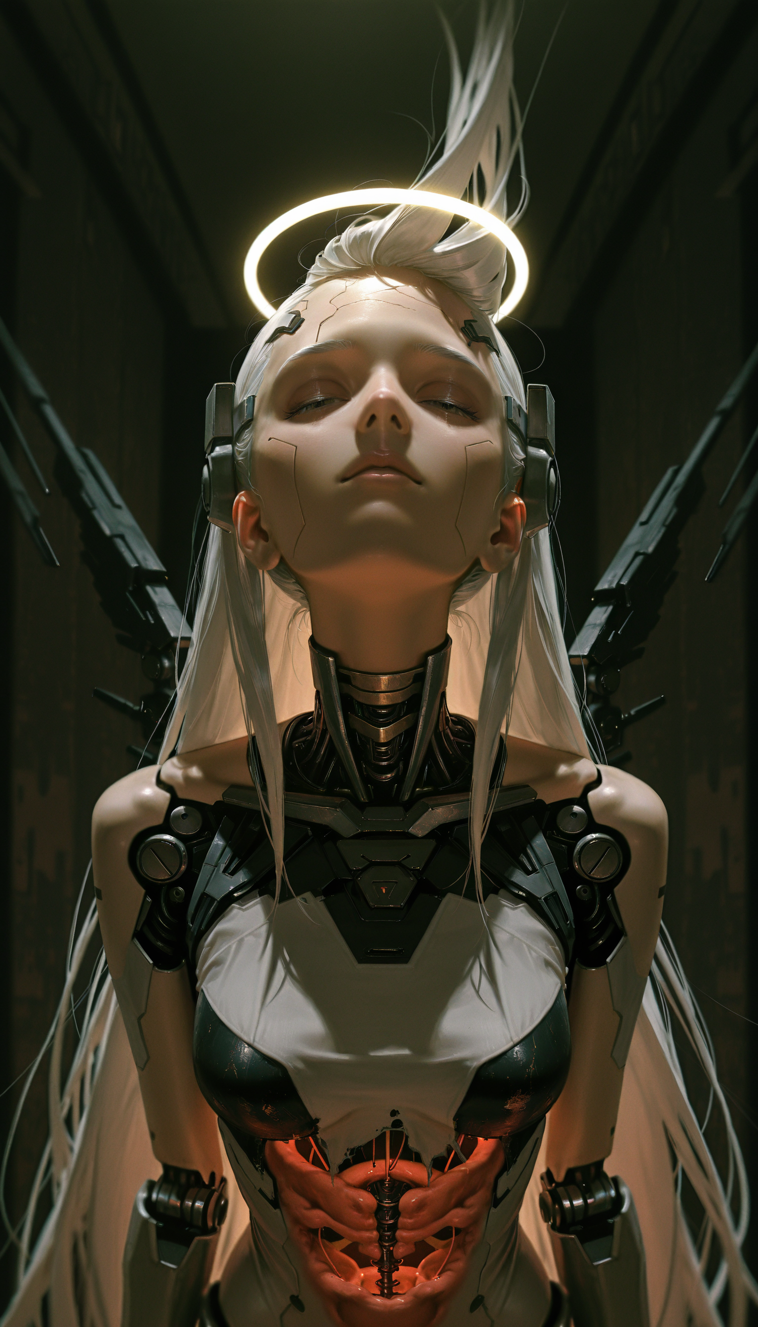 (absurdres, highres, masterpiece, absurdly_hires, best_quality, depth_of_field, cyberpunk, futuristic, science_fiction, biomechanical, mechabare, textured_hair, textured_clothing, skin texture, realistic, blender_\(artwork\), photo-referenced, photo_background)
(dre4mingde4th, fisheye, foreshortening, looking_up, solo, upper_body, cyborg, female, very_long_hair, platinum_hair, mechanical_face, cracked_face, damaged_face, broken_robot, exposed_internal_machinery, robotic_jaw, closed_eyes, glowing_halo, black_wings, cinematic_lighting, detailed_mechanical_design, android, unsettling_beauty, serene, white_skin, dark_background, ethereal, angel, (damaged_face:1.3), (exposed_internal_machinery:1.3), (mechanical_parts:1.2))