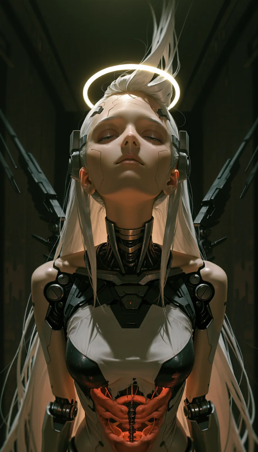 (absurdres, highres, masterpiece, absurdly_hires, best_quality, depth_of_field, cyberpunk, futuristic, science_fiction, biomechanical, mechabare, textured_hair, textured_clothing, skin texture, realistic, blender_\(artwork\), photo-referenced, photo_background)
(dre4mingde4th, fisheye, foreshortening, looking_up, solo, upper_body, cyborg, female, very_long_hair, platinum_hair, mechanical_face, cracked_face, damaged_face, broken_robot, exposed_internal_machinery, robotic_jaw, closed_eyes, glowing_halo, black_wings, cinematic_lighting, detailed_mechanical_design, android, unsettling_beauty, serene, white_skin, dark_background, ethereal, angel, (damaged_face:1.3), (exposed_internal_machinery:1.3), (mechanical_parts:1.2))