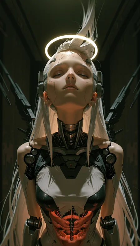 (absurdres, highres, masterpiece, absurdly_hires, best_quality, depth_of_field, cyberpunk, futuristic, science_fiction, biomechanical, mechabare, textured_hair, textured_clothing, skin texture, realistic, blender_\(artwork\), photo-referenced, photo_background)
(dre4mingde4th, fisheye, foreshortening, looking_up, solo, upper_body, cyborg, female, very_long_hair, platinum_hair, mechanical_face, cracked_face, damaged_face, broken_robot, exposed_internal_machinery, robotic_jaw, closed_eyes, glowing_halo, black_wings, cinematic_lighting, detailed_mechanical_design, android, unsettling_beauty, serene, white_skin, dark_background, ethereal, angel, (damaged_face:1.3), (exposed_internal_machinery:1.3), (mechanical_parts:1.2))