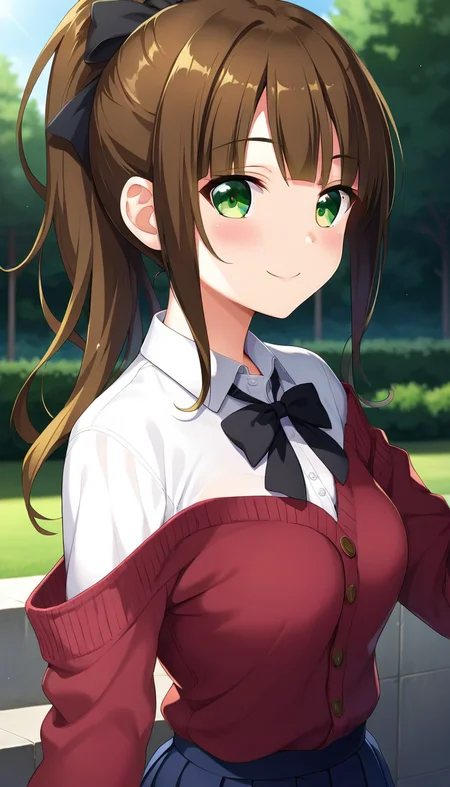 score_9,score_8_up,score_7_up,score_6_up BREAK official art,solo,outdoors,upper body,(portrait:1.5),looking at viewer,facing viewer,smile,blush,(petite:1.5),Kinoshita Yuuna,long hair,brown hair,ponytail,hair bow,black bow,hair ribbon,red ribbon,blunt bangs,green eyes,school uniform,red cardigan,white shirt,collared shirt,long sleeves,sleeves past wrists,medium breasts,blue skirt,pleated skirt,white socks,loafers,<lora:Kinoshita Yuuna(od)-Pony:1.2>,