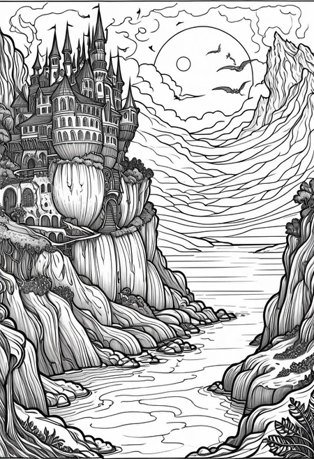 coloring page, line art, style by Edward Lear, fantasy art, dream world, eerie atmosphere