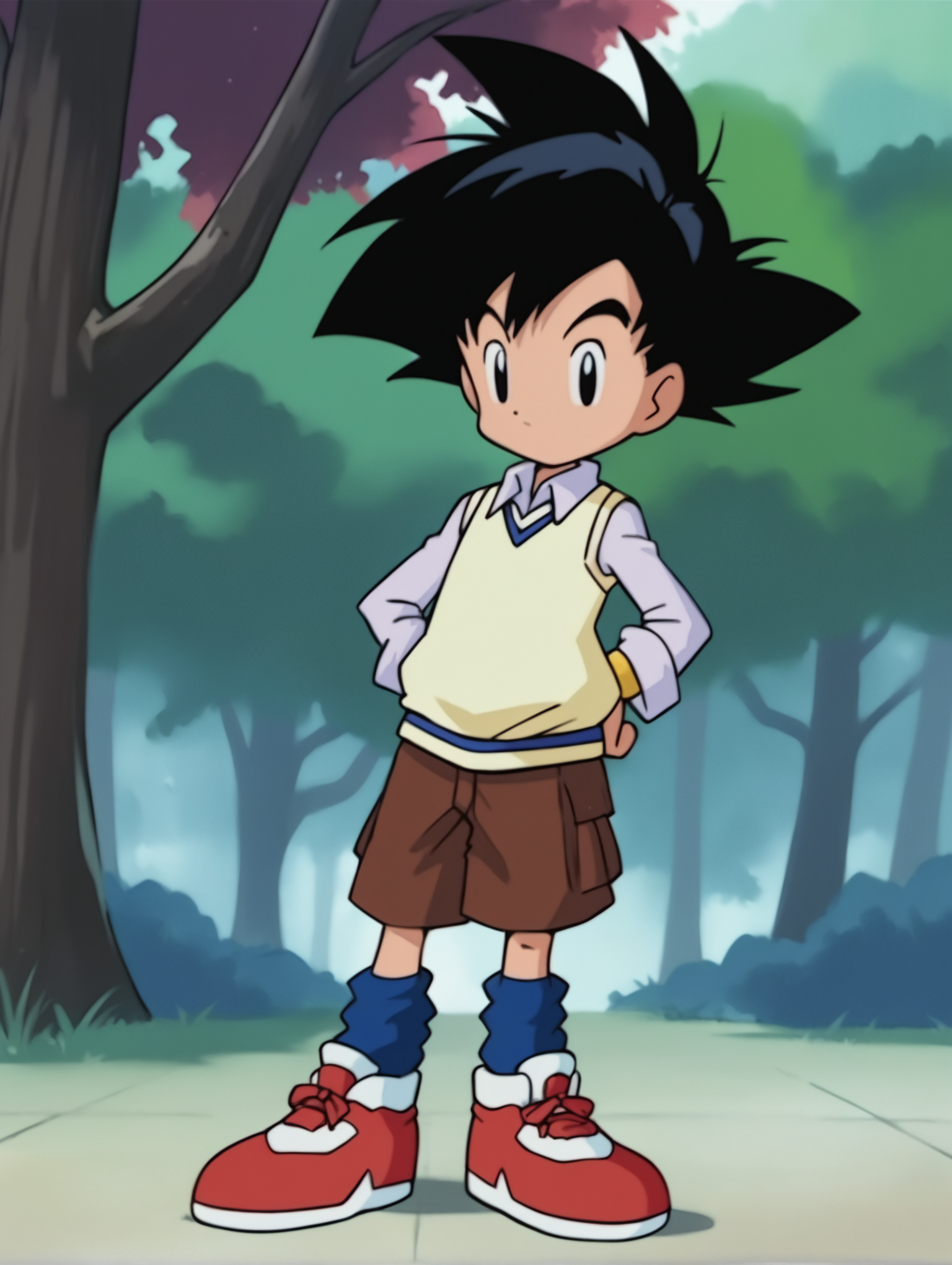 score_9, score_8_up, score_7_up, score_6_up, score_5_up, score_4_up, source_anime, BREAK
looking at viewer,  <lora:Digimon:0.8> digimon,  <lora:GotenSDXL:0.7> gotenv1, black hair, spiked hair, 1boy, solo, white shirt, sweater vest, brown shorts, blue socks, white and red shoes,