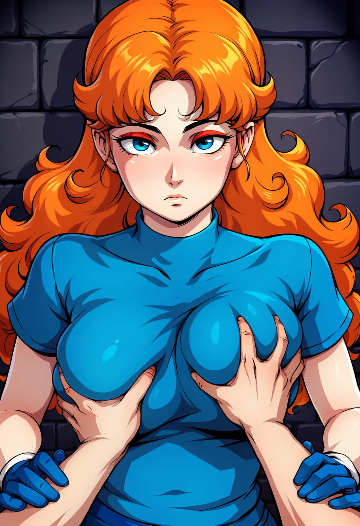 score_9, score_8_up, score_7_up, score_6_up, source_anime, <lora:DBExtraGirl02Pa:0.9>, DBExtraGirl02Pa, 1girl, 1boy, blue eyes, long hair, orange hair, curly hair, red eyeshadow, large breasts,
blue undershirt, blue gloves, beige pants, blue boots,
expressionless, looking at viewer, standing, pov, upper body, 
<lora:deepgrab:0.45>, deepgrab, deep skin, breast grab,
BREAK dark background, brick wall, dim lighting,