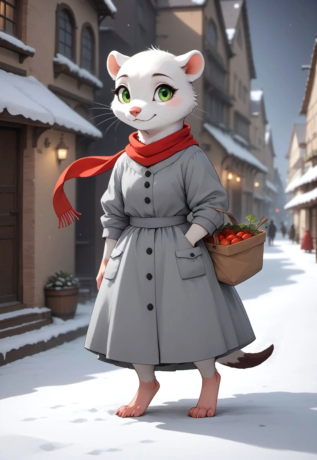 score_9, score_8_up, score_7_up, score_6_up, score_5_up, score_4_up,(((mustelid))), female, (gray winter dress:2), (red scarf:2), cute, (feral), (white fur:2), green eyes, (side view), full body shot, walking, (wall:1.8), (market:1.2), holding basket, (((snow, winter))), (dark background, depth of field, blurry background:2)
