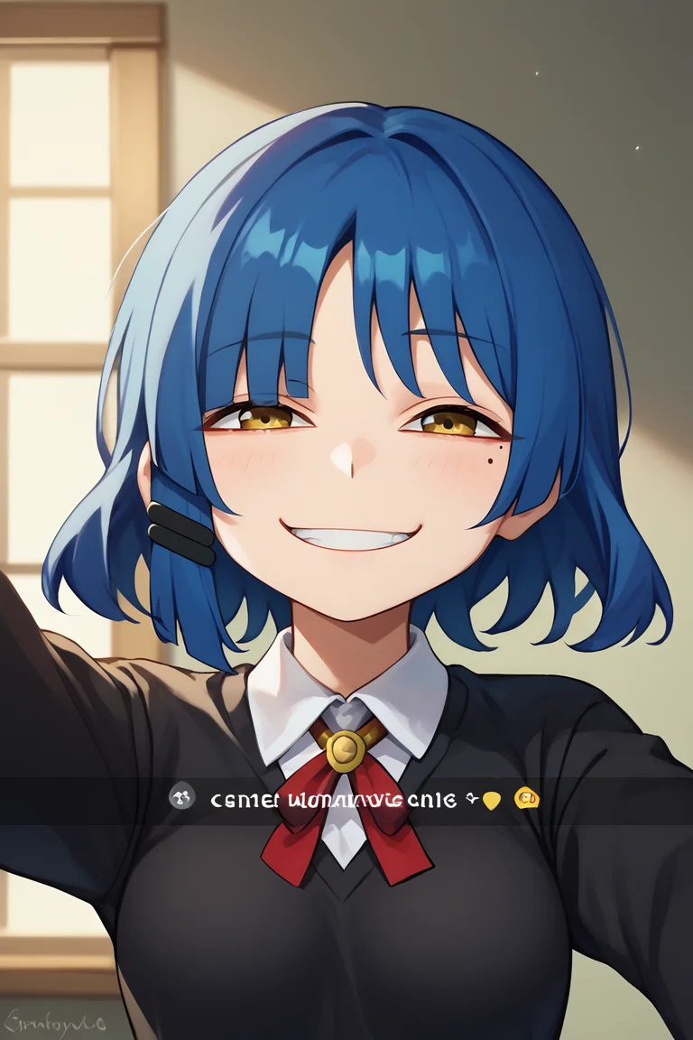 score_9, score_8_up, score_7_up, BREAK, 1girl, solo, breasts, <lora:snapchat-guy-PONYv1:.95>, snapchat, meme, <lora:AnyasHehFaceMeme_XLPD:0.95> IncrsAnyasHehFaceMeme, grin <lora:bocchi_yamada_ponyXL:0.95> yamada ryo, mole under eye, hairclip, shimokitazawa high school uniform, black sweater, long sleeves, white shirt, neck ribbon