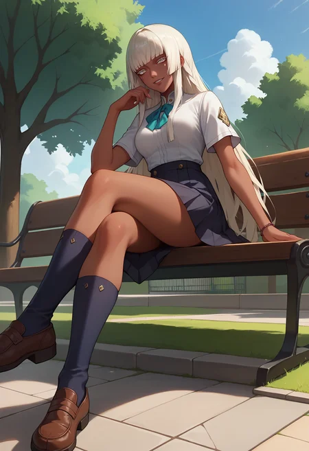 score_9, score_8_up, score_7_up, anime screencap, source_anime, 1girl, solo,
<lora:Brigitta_Metaphor_ReFantazio_V1:.85>, KJObrigitta, white hair, long hair, white eyes, blunt bangs, facial mark, dark-skinned female,
school uniform, black skirt, short sleeves,
Sitting, bench, crossed legs, smile, parted lips, looking at viewer, from below,
sunny, park, sidewalk, stone floor, grass, tree, cloudy sky,
(Beautiful, medium Breasts:1.2),