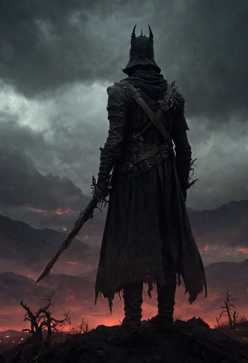 score_9, score_8_up, score_7_up, grimdark, under an apocalyptic sky, a warrior of darkness standing atop a barren hill, a blissful nightmare or a bad dream, solo male, masterpiece, realistic, best quality, ral-chrosc-bw, Bloodborne, Style-Volumetric, CS-RBW