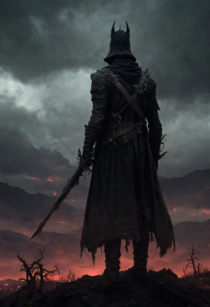 score_9, score_8_up, score_7_up, grimdark, under an apocalyptic sky, a warrior of darkness standing atop a barren hill, a blissful nightmare or a bad dream, solo male, masterpiece, realistic, best quality, ral-chrosc-bw, Bloodborne, Style-Volumetric, CS-RBW