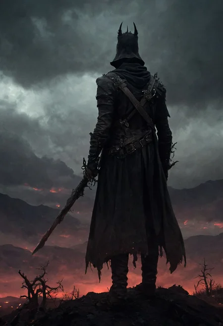 score_9, score_8_up, score_7_up, grimdark, under an apocalyptic sky, a warrior of darkness standing atop a barren hill, a blissful nightmare or a bad dream, solo male, masterpiece, realistic, best quality, ral-chrosc-bw, Bloodborne, Style-Volumetric, CS-RBW