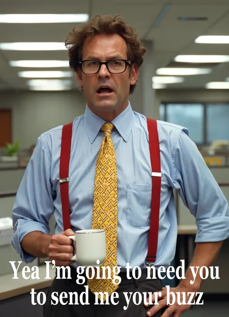 Middle-aged office worker in a 1990s corporate setting, looking exasperated. He wears a light blue dress shirt with rolled-up sleeves, red suspenders, and a yellow patterned tie. Large, square-framed glasses sit on his face. His brown hair is slightly messy and pushed back. He holds a white coffee mug in one hand while his other hand rests on his hip. His expression is a mix of frustration and disbelief, with raised eyebrows and an open mouth. The background shows a typical open-plan office with fluorescent lighting, cubicles, and neutral-colored walls. The image has a slightly washed-out, film-like quality typical of 90s movies. Composition is a medium shot, capturing the subject from the waist up, angled slightly to showcase his body language and the office environment behind him.