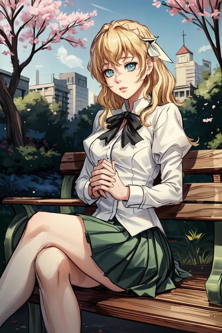 (masterpiece),(best quality),<lora:LillySatou:0.95>, Lilly,school uniform, cane, white shirt, green skirt, bench, park, crossed legs, sitting, solo, sakura, flowers; <lora:Adddetail:0.7>, dutch angle