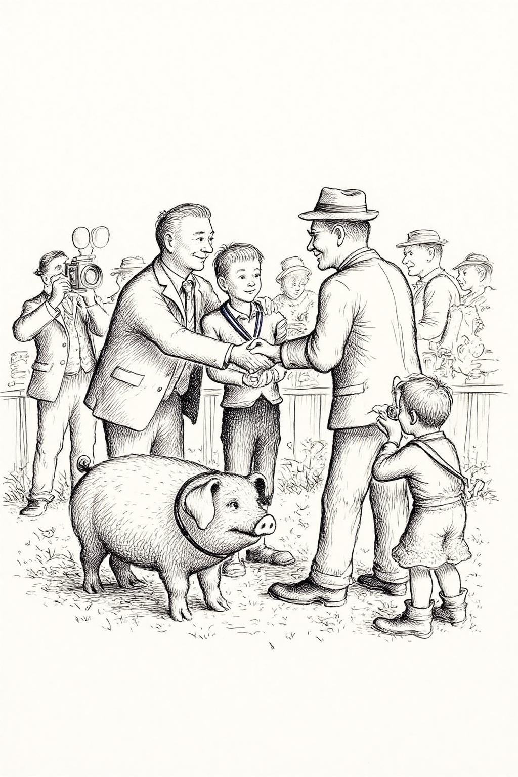 gawi1 illustration. 
The scene depicts an award ceremony at a country fair. In the foreground, a man dressed in a suit and hat, with a friendly smile, is shaking hands with another man wearing a hat and a jacket. Between them, child with a big smile, stands holding a piglet, which is wearing a medal around its neck. On the left of the image is a photographer, shown in back view, taking a photo of the pig with an antigue old fashioned camera with flash bulbs.
 <lora:gawi1_cap_d6a3e12:1.0><lora:827363688228014679:0>