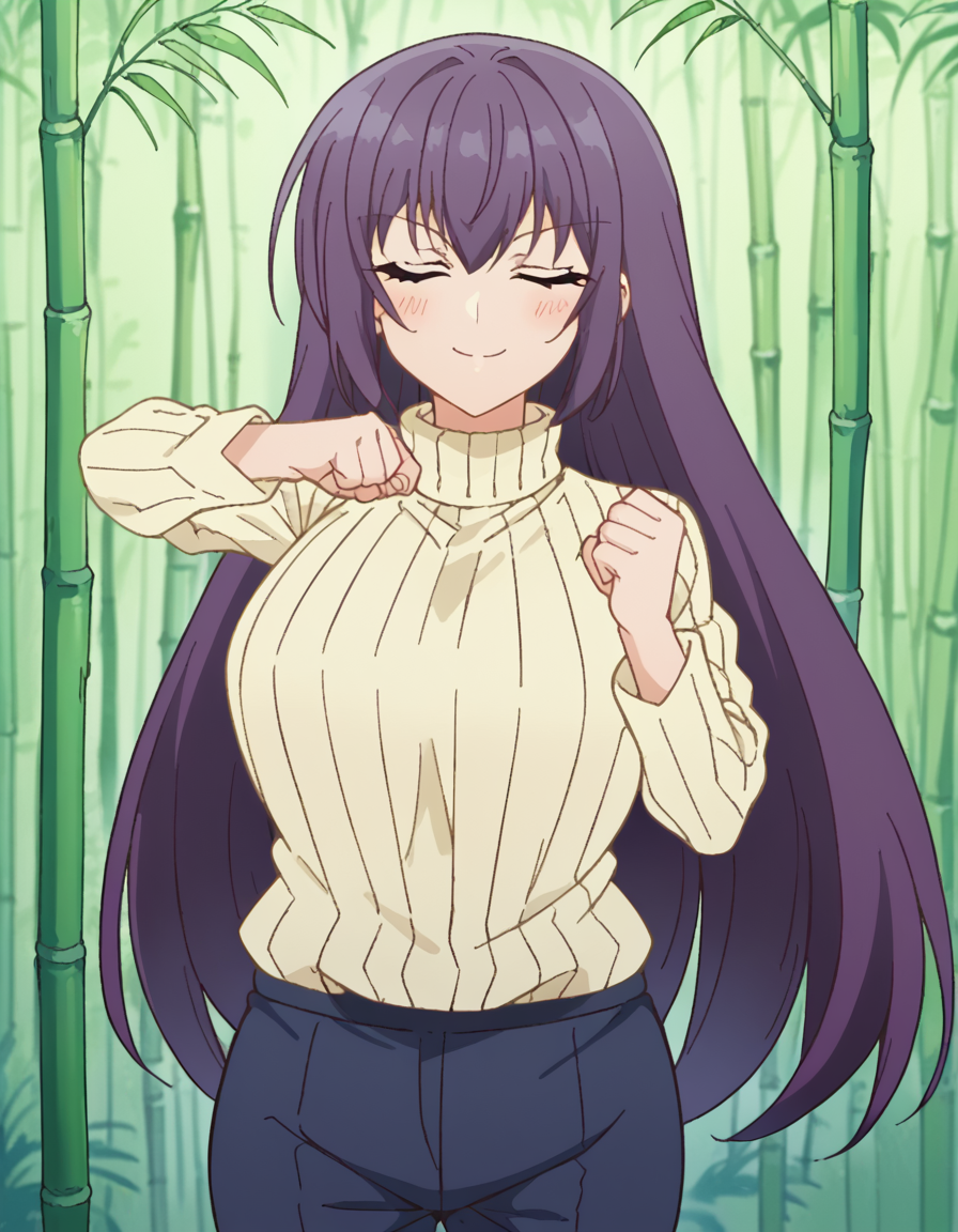 score_9, score_8_up, score_7_up, source_anime, <lora:yutaka-shinozaki-s1-ponyxl-lora-nochekaiser:1>, yutaka shinozaki, long hair, bangs, very long hair, green eyes, purple hair,, large breasts, mature female, long sleeves, pants, sweater, turtleneck, ribbed sweater, turtleneck sweater, blue pants, white sweater, bamboo forest, bamboo, trees, dense, wildlife, , <lora:shikairo-days-dance-ponyxl-lora-nochekaiser:1>, shikairo days dance, shikairo days dance (meme), dancing, meme, closed eyes, clenched hands, glowsticks, blush, smile,, looking at viewer, solo,, dutch angle, cowboy shot