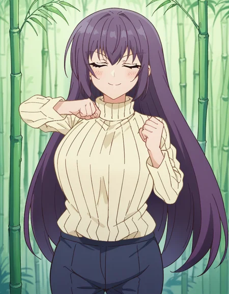 score_9, score_8_up, score_7_up, source_anime, <lora:yutaka-shinozaki-s1-ponyxl-lora-nochekaiser:1>, yutaka shinozaki, long hair, bangs, very long hair, green eyes, purple hair,, large breasts, mature female, long sleeves, pants, sweater, turtleneck, ribbed sweater, turtleneck sweater, blue pants, white sweater, bamboo forest, bamboo, trees, dense, wildlife, , <lora:shikairo-days-dance-ponyxl-lora-nochekaiser:1>, shikairo days dance, shikairo days dance (meme), dancing, meme, closed eyes, clenched hands, glowsticks, blush, smile,, looking at viewer, solo,, dutch angle, cowboy shot