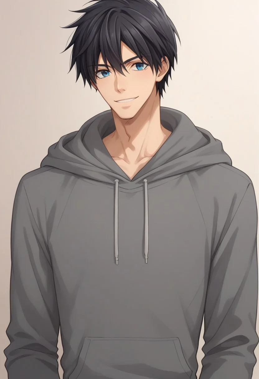 score_9, score_8_up, score_7_up, source_anime, highly detailed, slender,
nowaki, 1boy, male focus, solo, hood, black hair, hoodie, upper body, grey hoodie, blue eyes, smile, pants,