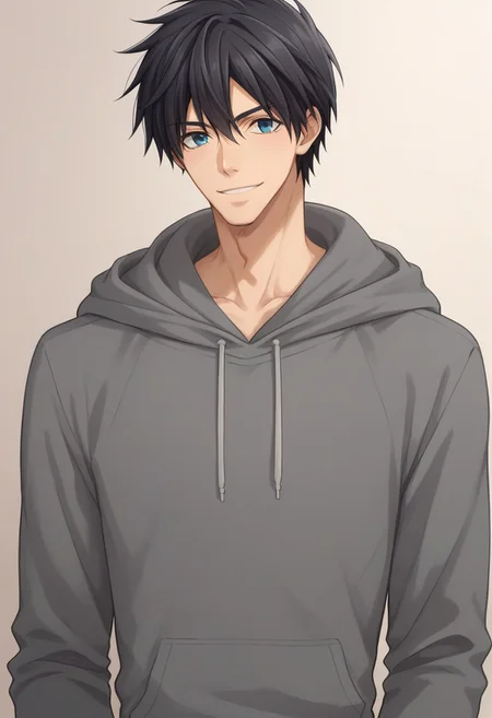score_9, score_8_up, score_7_up, source_anime, highly detailed, slender,
nowaki, 1boy, male focus, solo, hood, black hair, hoodie, upper body, grey hoodie, blue eyes, smile, pants,