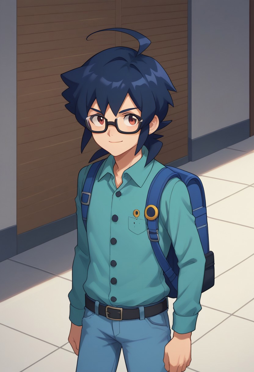 score_9, score_8_up, score_7_up, source_anime, highly detailed,
oozora, backpack, 1boy, male focus, opaque glasses, bag, solo, pants, shirt, glasses, holding strap, blue hair, ahoge, belt, smile, standing, collared shirt, buttons,  closed mouth, blue pants, long sleeves, upper body,
indoor,