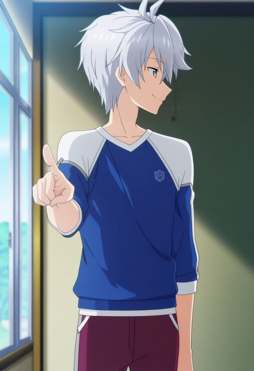 masterpiece, best quality, anime screencap, official style, anime coloring, cowboy shot, 1boy, solo, male focus, <lora:lux_arcadia_ilxl:0.94>, lux_arcadia, grey hair, grey eyes, short hair, hair between eyes, , profile, school, noon, pointing, seductive smile, Athletic sweatpants, Crew neck sweatshirt, , ,
