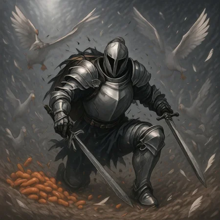 A knight is protecting a pile hot dogs in his backpack, the knight's sword is raised in defence, a second pile of hot dogs are in a chest, geese are trying to steal the hot dogs, a demon is facing the knight, primary color is black