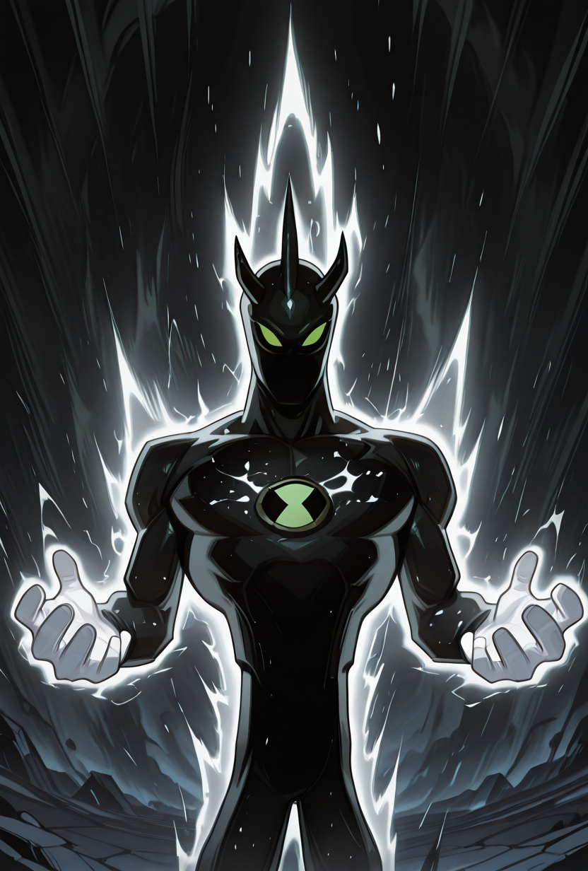 <lora:alienx-09:1> alienx, 1boy, green eyes, horns, matte black skin, upper body, dynamic pose, white hands, wide face, white spots on body,  <lora:superSayianAura_v2_Illustrious_Mlaofmd:1> supersaiyanaura, power, aura, sharp aura, black aura, white aura,, masterpiece, best quality, amazing quality, very aesthetic, absurdres, newest,