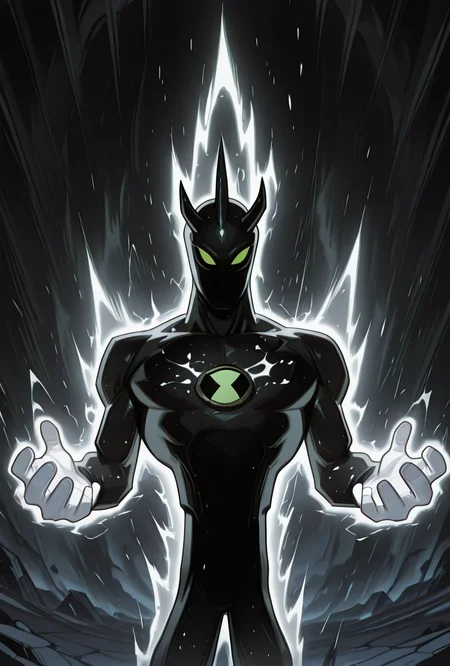 <lora:alienx-09:1> alienx, 1boy, green eyes, horns, matte black skin, upper body, dynamic pose, white hands, wide face, white spots on body,  <lora:superSayianAura_v2_Illustrious_Mlaofmd:1> supersaiyanaura, power, aura, sharp aura, black aura, white aura,, masterpiece, best quality, amazing quality, very aesthetic, absurdres, newest,