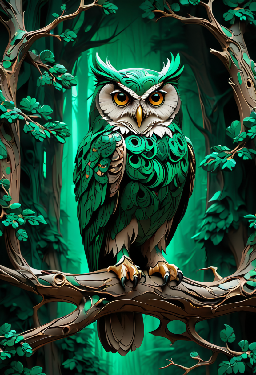 owl looking at the forest, wise, intense, dramatic, sharp outlines, high contrast, masterpiece, ultra detailed, fine details, intricate, elegant, malachite_style