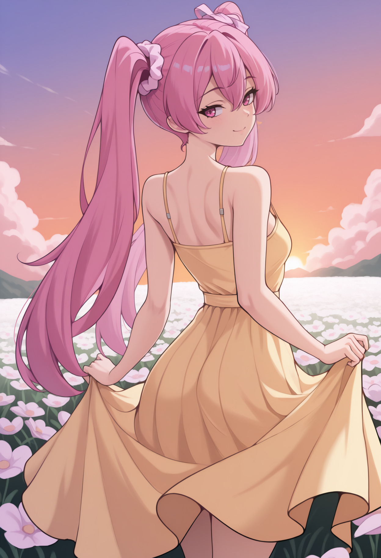 masterpiece, best quality, newest, from behind, solo, 1girl, m1n3, smile, looking back, skirt hold, long hair, pink hair, hair between eyes, twintails, hair scrunchie, hair ribbon, pink ribbon, pink eyes, yellow sundress, spaghetti strap, bare shoulders, outdoors, sunset, cloud, flower field
<segment:yolo-Anzhc Face seg 640 v2 y8n.pt,0.4,0.5//cid=1>