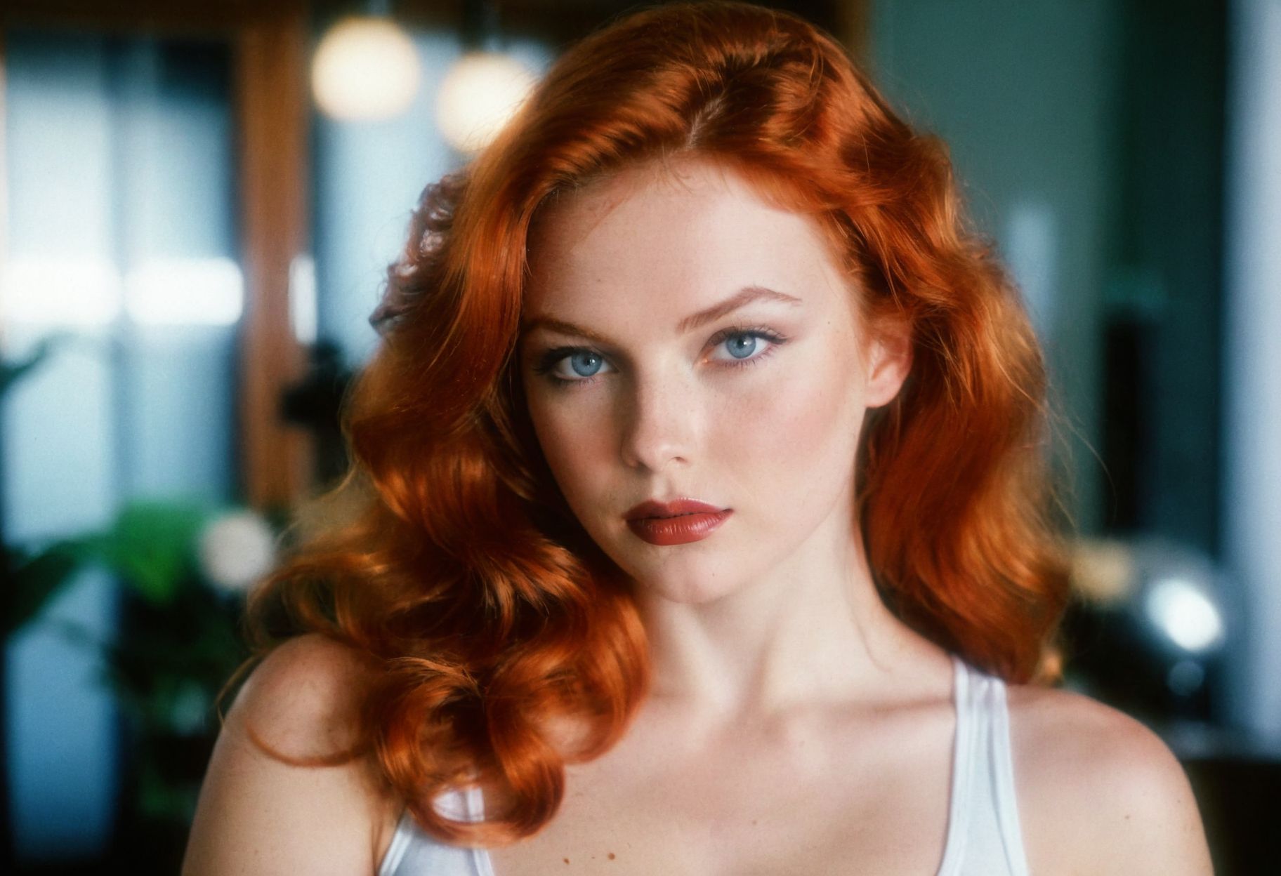 CinematicPortrait, photo, ((analog)), woman, (slavic), ginger, , tank top, ((cleavage, moles)), glossy dark lipstick, hair glow, grey eyes, , looking at viewer, , indoors, , (), ((masterpiece, soft focus, depth of field, film grain)) <lora:VintagePinupSDXL_v3:0.4> <lora:CinematicPortraitXL_v3:0.4>
