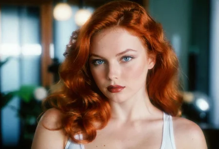 CinematicPortrait, photo, ((analog)), woman, (slavic), ginger, , tank top, ((cleavage, moles)), glossy dark lipstick, hair glow, grey eyes, , looking at viewer, , indoors, , (), ((masterpiece, soft focus, depth of field, film grain)) <lora:VintagePinupSDXL_v3:0.4> <lora:CinematicPortraitXL_v3:0.4>