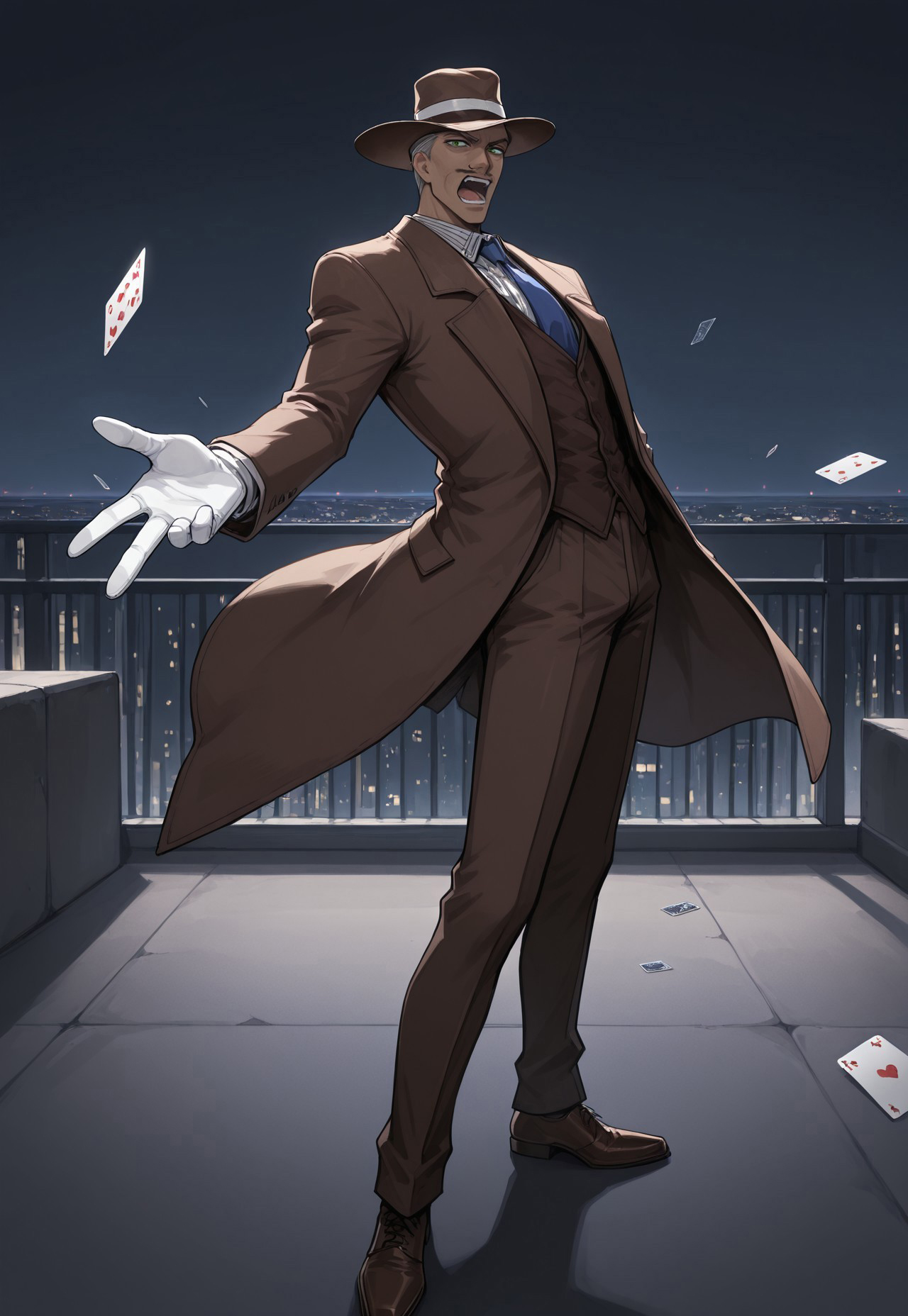 masterpiece, best quality, amazing quality, very aesthetic, absurdres, TAlhambra, 1boy, grey hair, short hair, hair slicked back, green eyes, dark skin, pencil mustache, brown fedora, brown suit jacket, white collared shirt, pinstripe shirt, blue necktie, brown vest, white gloves, brown pants, brown shoes, shouting, throwing cards, full body, outdoors, night, perspective, looking at the viewer, standing, rooftop, floating card, outstretched arm, from side, from below