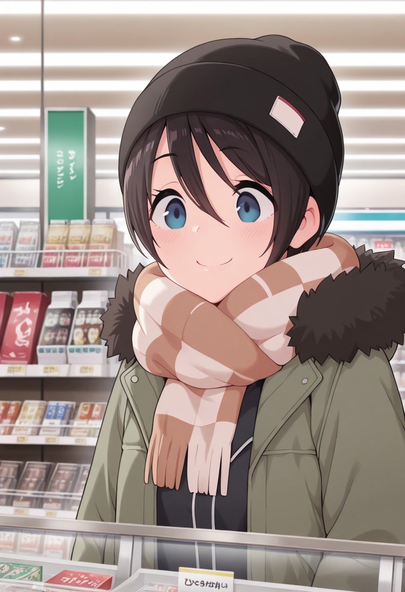 masterpiece,best quality,amazing quality,saito ena, dark brown hair, blue eyes, short hair, 1girl, solo, scarf, smile, hat, beanie, shop, convenience store, jacket, black headwear, shelf, upper body, hair between eyes