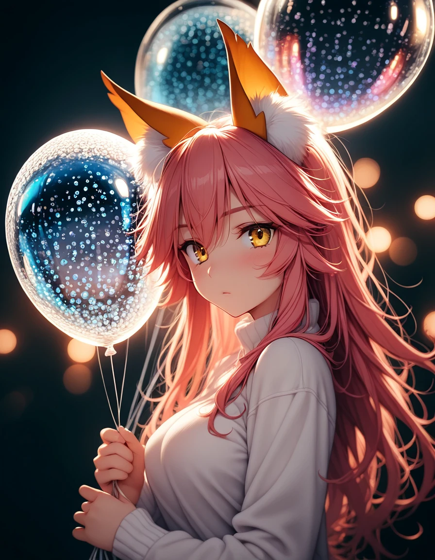<lora:illustriousXLv01_stable_dark_v0.3:0.2><lora:illustriousXLv01_stabilizer_v1.121:0.5><lora:contract_controller_illus01_v1:0.1>1girl,fox girl,long hair,tamamo \(fate\),white sweater,upper body,ambient light,holding balloon,colorful,transparent,looking at viewer,depth of field,bokeh,dark,masterpiece,anime,